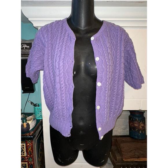 RALPH LAUREN 70's 80's HANDKNIT Cabled Cotton Short Sleeved Cardigan Sweater M - Picture 2 of 9